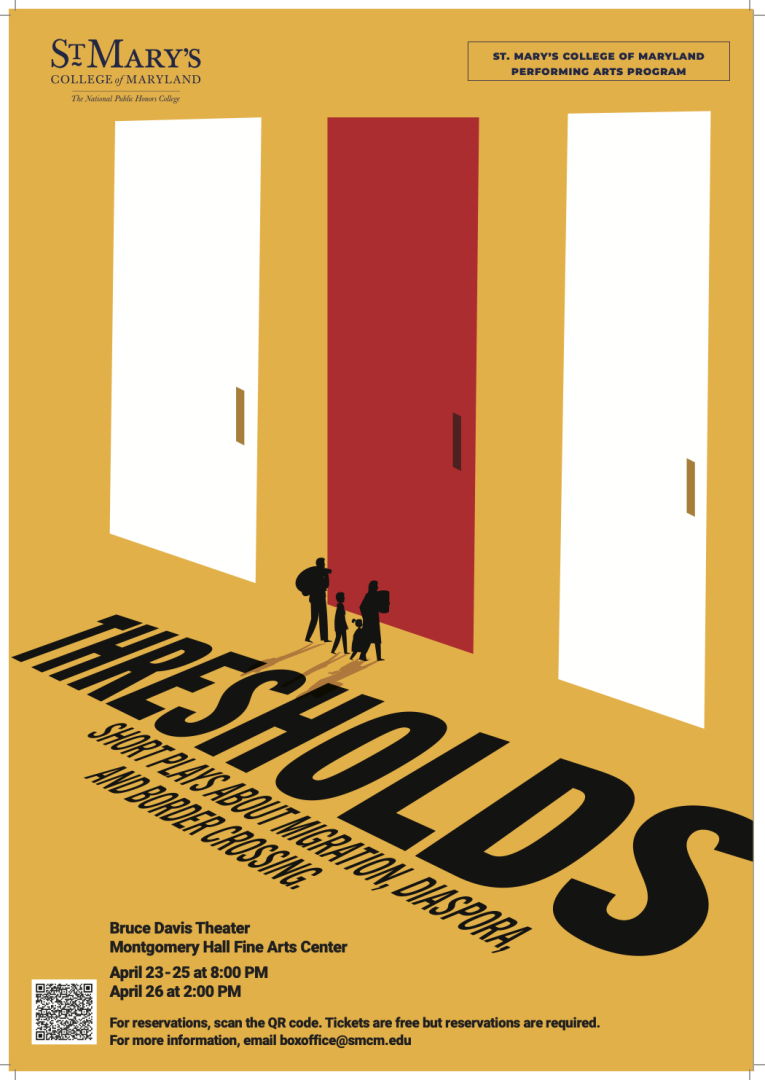 Poster for St. Mary’s College of Maryland play "Thresholds" showing large yellow text, three doors (white and red), and silhouettes of people below. Performance dates and contact info are listed.