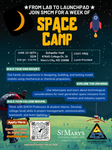 A promotional flyer for Space Camp at St. Mary’s College of Maryland, detailing dates, location, activities, cost (free), and contact information.