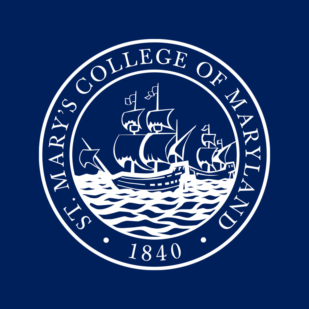 White circular logo of St. Mary’s College of Maryland, featuring two sailing ships on water, with the college name and year 1840 on a dark blue background.