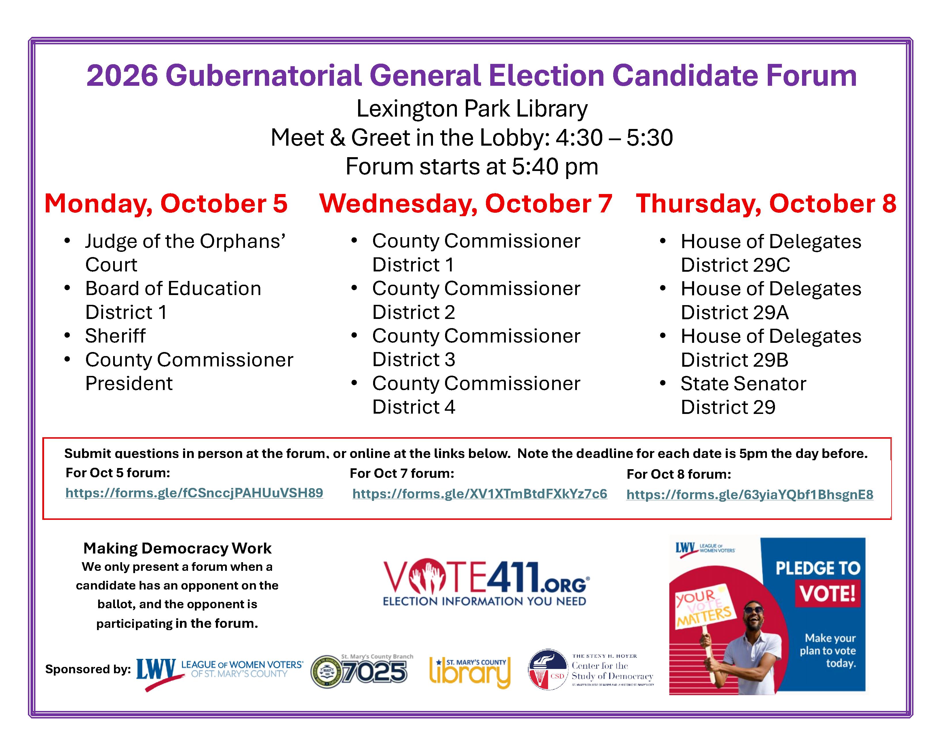 Flyer for a 2026 Gubernatorial Candidate Forum at Lexington Park Library with event dates, candidate lists, and instructions to submit questions. Hosted by League of Women Voters.