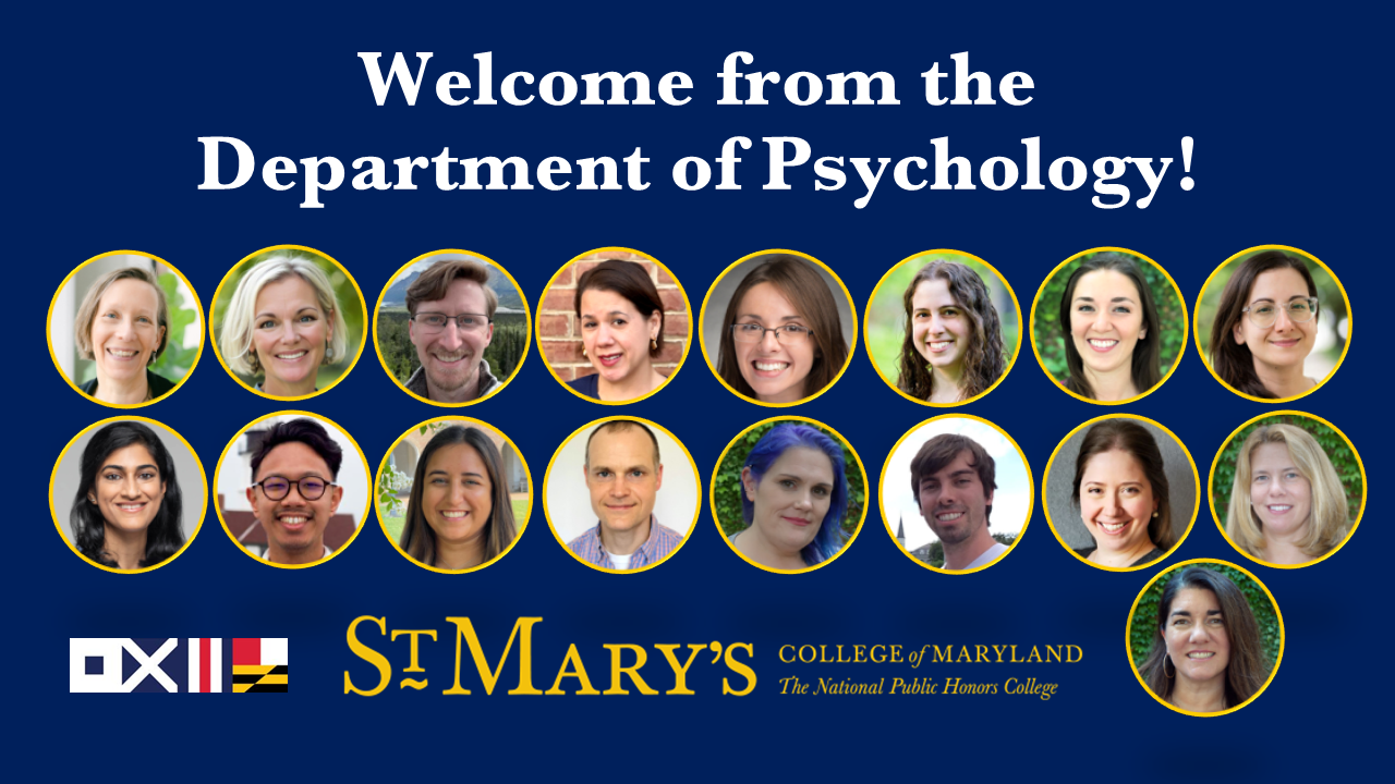 A group photo of 19 faculty members from the St. Mary’s College of Maryland Department of Psychology, displayed under a welcome message.