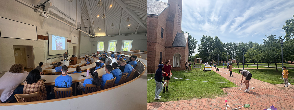 students in a lecture hall listening to a presentation; students launching stomp rockets outside on a brick sidewalk