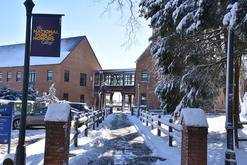 SMCM brick building covered in snow