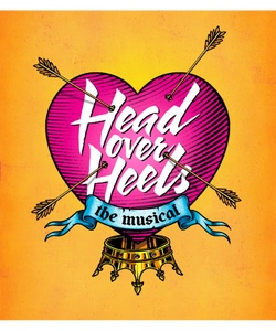 Heart with crown on bottom and arrows through it with text, Head Over Heels: The Musical
