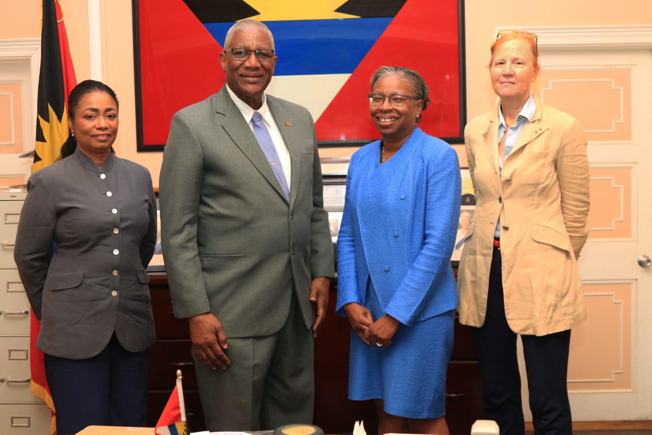 President Tuajuanda C. Jordan was hosted by Sir Rodney Williams, Governor General of Antigua and Barbuda, in Antigua Nov. 5-6, 2018. Here she is pictured with His Excellency (center), Lady Williams (left), and Barbara Paca, O.B.E., cultural envoy (right).
