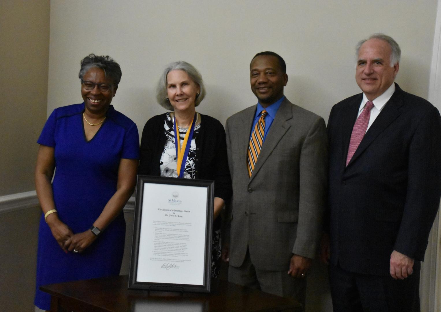 Pictured: (L-R) St. Mary’s College of Maryland President Tuajuanda C. Jordan, Professor of Anthropology Julia A. King, Charles County Board of Commissioners President Rueben B. Collins II, and Michael Sullivan, local developer and entrepreneur. 