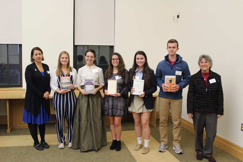 (left to right) Angie Draheim (SMCM Zeta Chapter vice president), Faith Bouch (Chopticon), Heather Mae Gilmore (Leonardtown), Siera Kerley (King’s Christian), Christine Shatrowsky (St. Mary’s Ryken), Ryan Rex (Great Mills), and Laraine Glidden (SMCM distinguished professor emerita, psychology and human development).