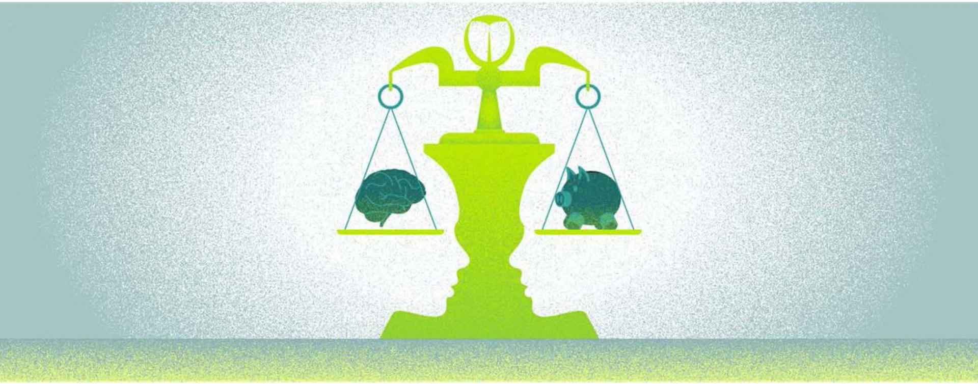 Scale pictured with brain on one side and piggy bank on the other Scale pictured with brain on one side and piggy bank on the other