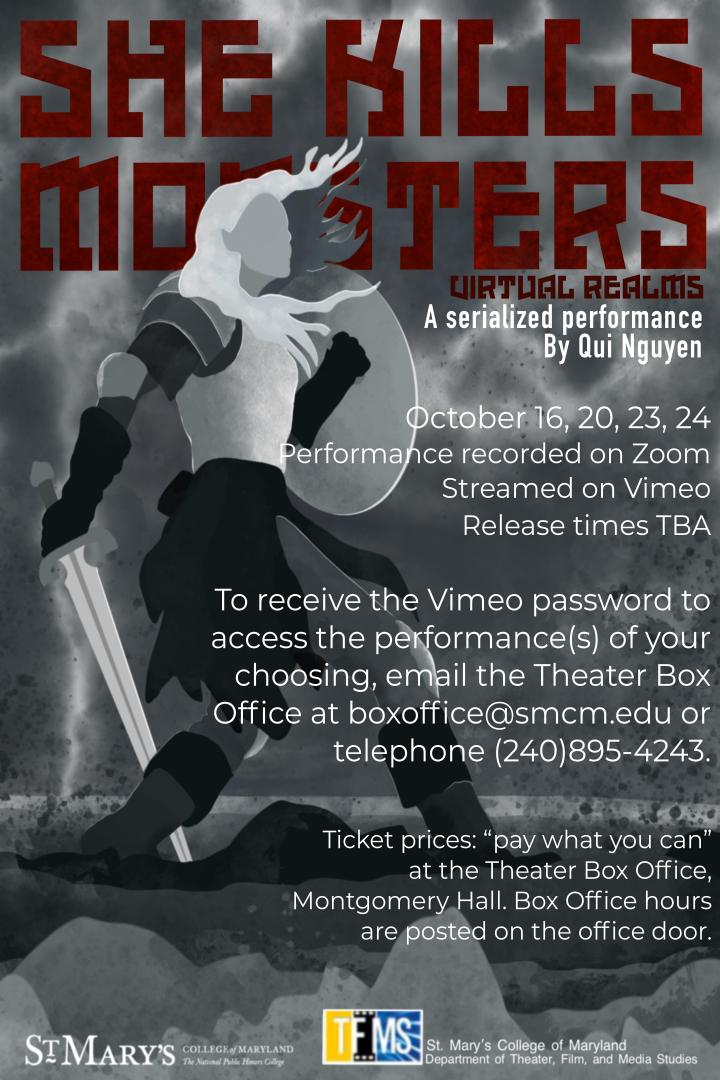 Poster for “She Kills Monsters: Virtual Realms” with zoom information and image of a woman warrior