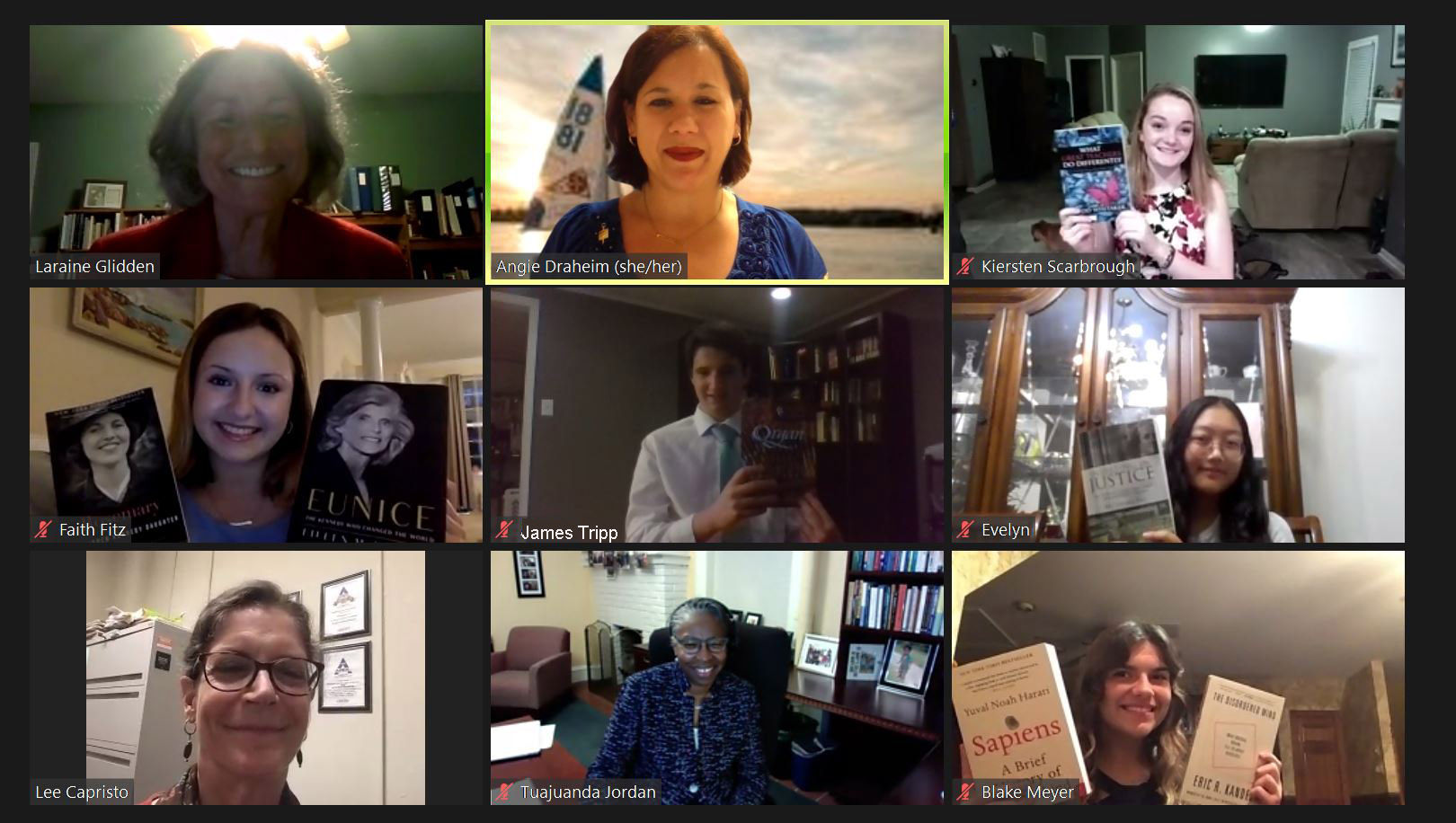 Shown in photo (top row, left to right): Laraine Glidden (SMCM distinguished professor emerita and SMCM Zeta Chapter book award coordinator); Angie Draheim (SMCM Zeta Chapter vice president); Kiersten Scarbrough (Leonardtown); (middle row, left to right): Faith Anne Fitz (King’s Christian); James Tripp (Chopticon); Evelyn Kim (Great Mills); (bottom row, left to right):  Lee Capristo (SMCM Zeta Chapter president); Tuajuanda C. Jordan, PhD (SMCM president); Blake Meyer (St. Mary’s Ryken).