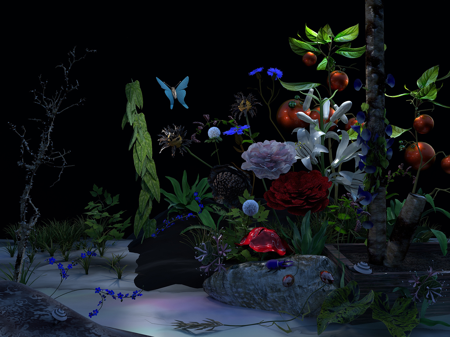3D modeled image of dark forest with elaborate foliage and insects.