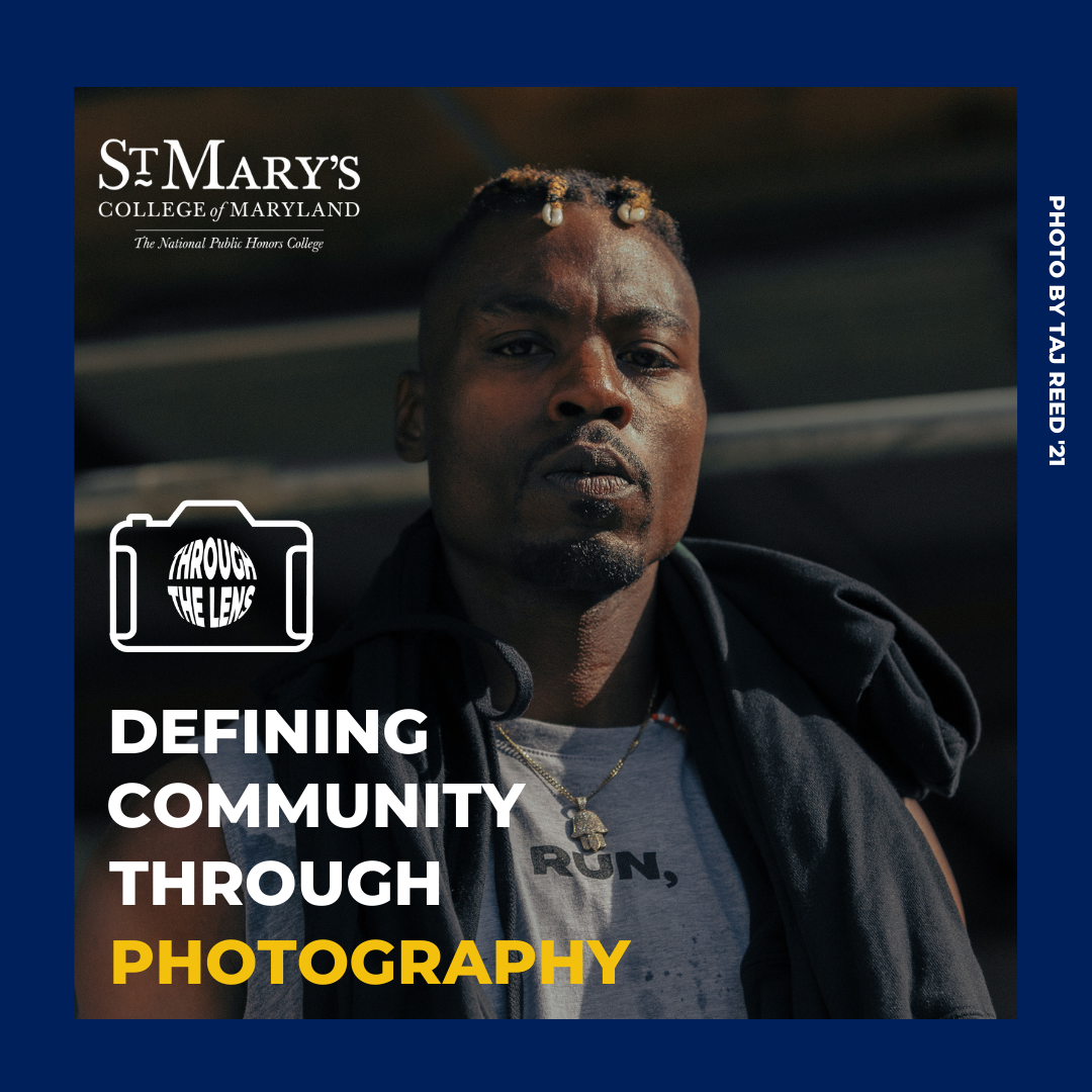 Portrait of a young man with the words 'Defining Community through Photography