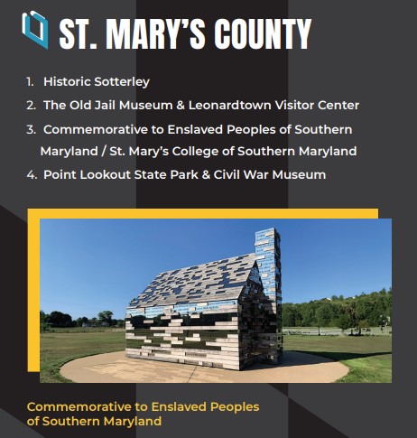 Brochure screenshot listing historic sites in St. Mary's County and photo of the Commemorative