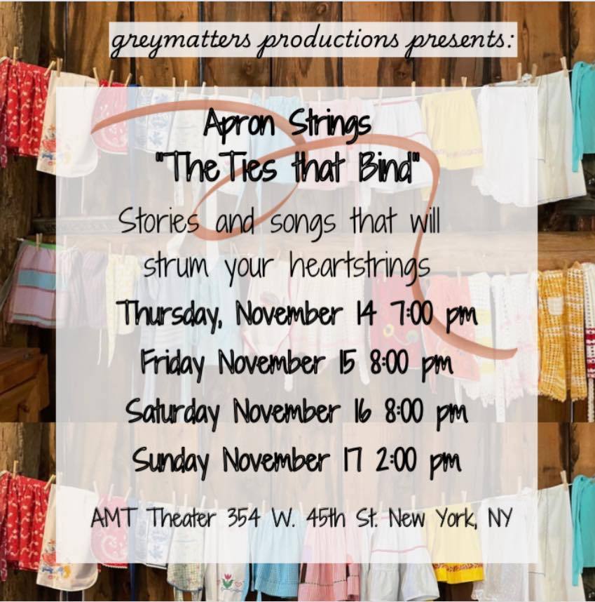 A flyer with a background of colorful aprons strung on clotheslines announcing the dates and times for 