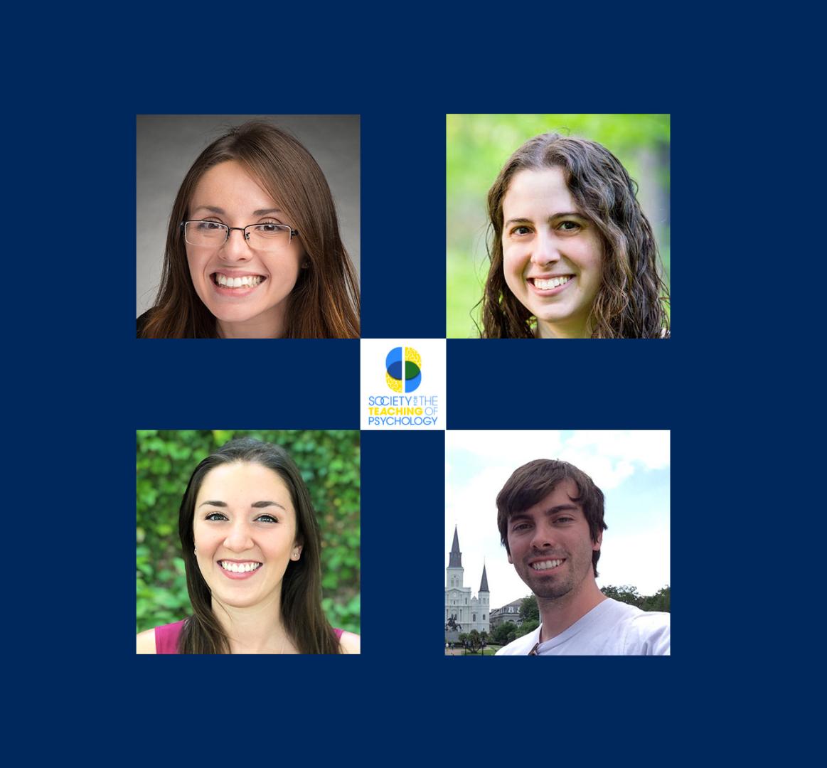 Four portrait photos arranged in a square: three women and one man, all smiling. They are against various backgrounds: grey, green foliage, and a building with spires. A logo reading "Society for the Teaching of Psychology" is in the center.