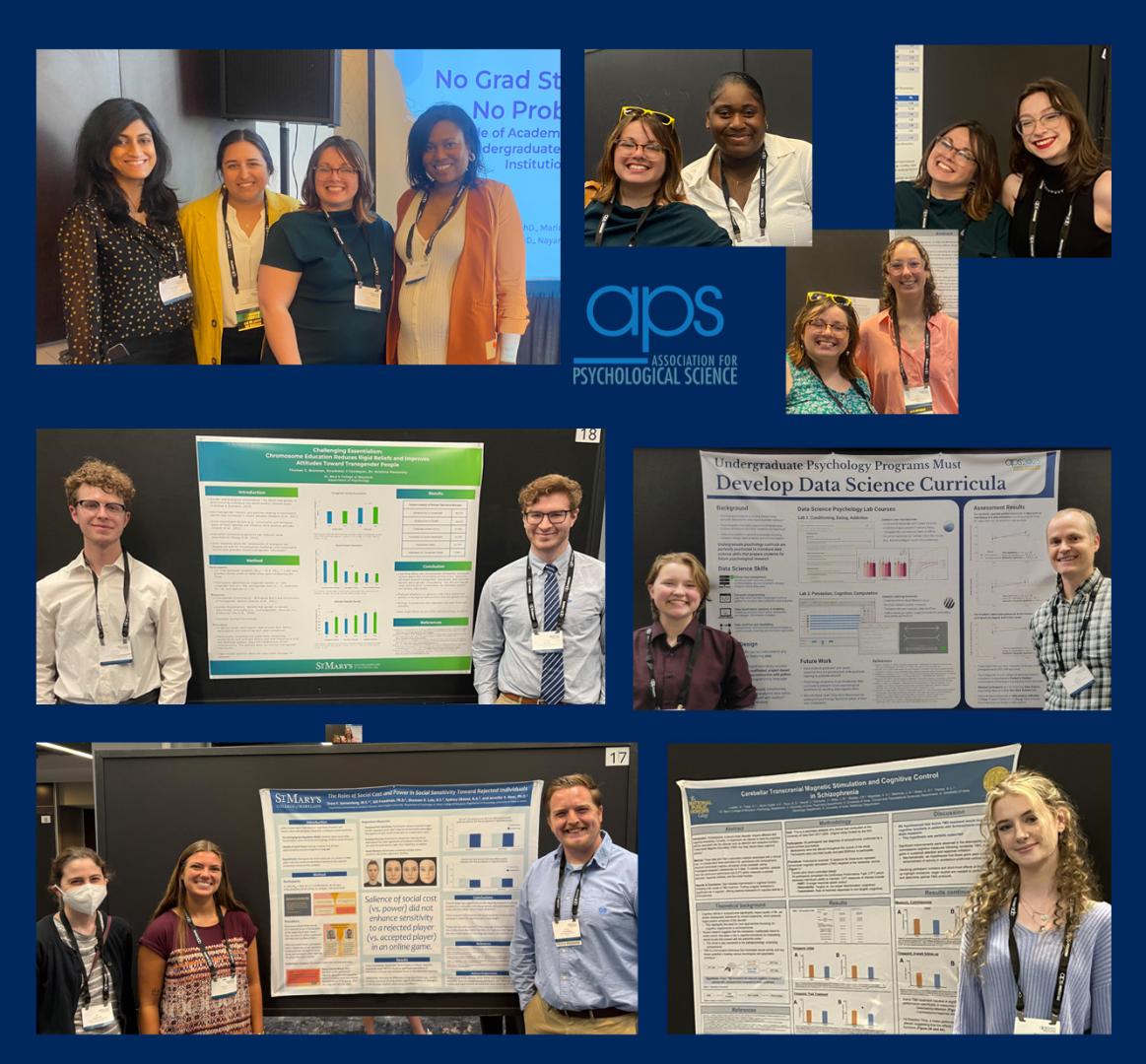 Collage of people standing by research posters and posing at an event, with APS (Association for Psychological Science) signage visible in one photo.