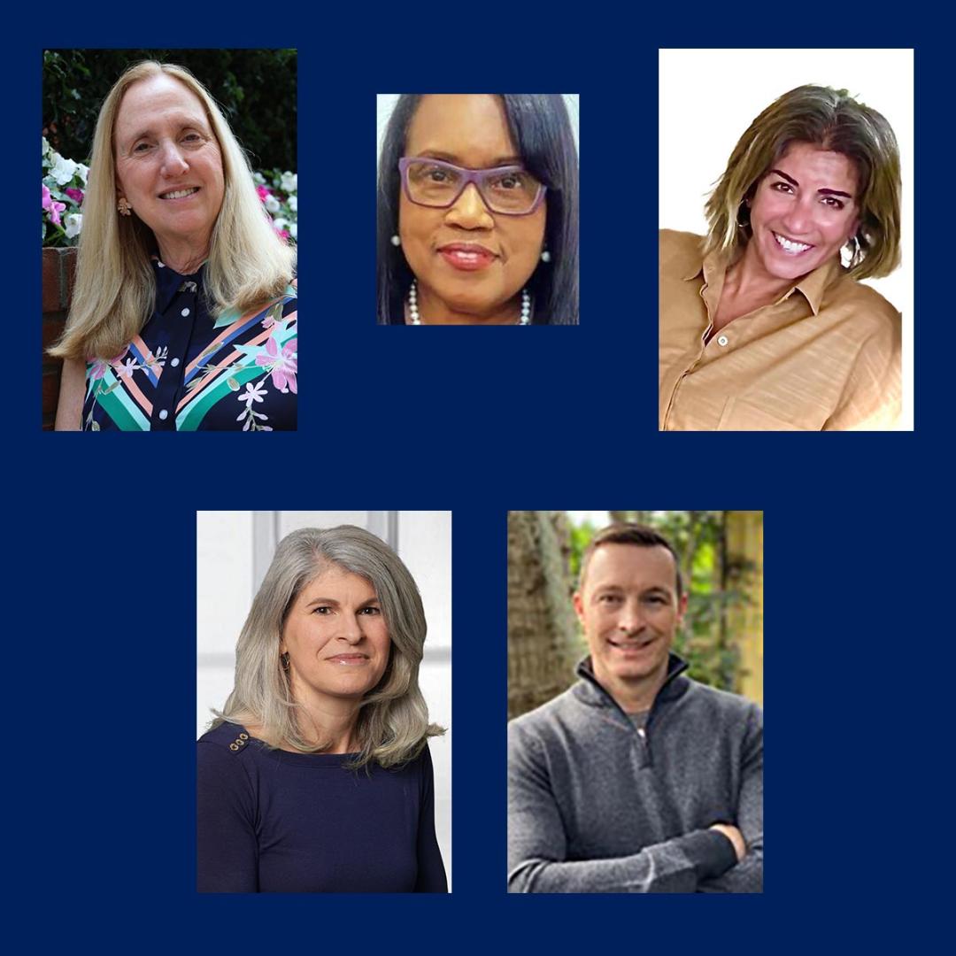 Five adults are shown in individual portrait photos arranged on a blue background. Four are women and one is a man. They are all smiling and looking at the camera.