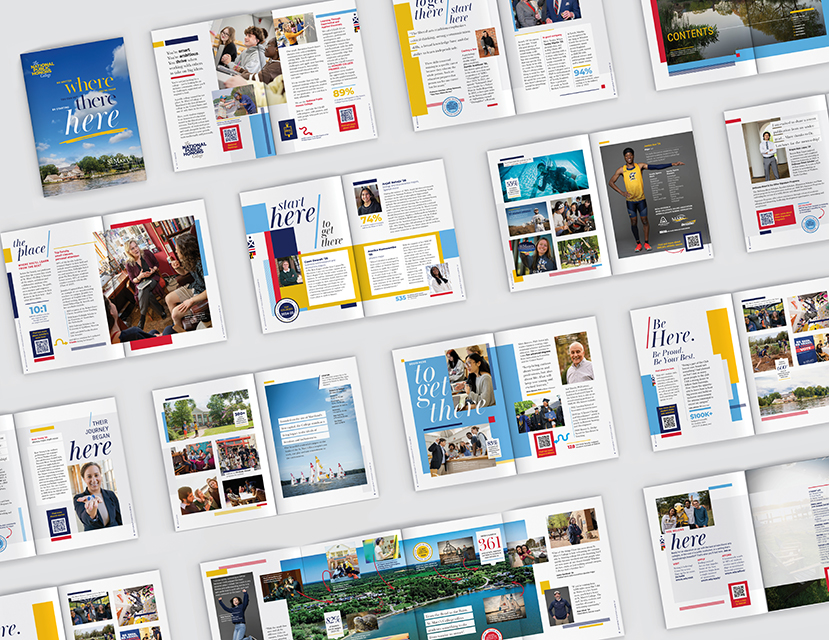 Pages of a booklet are laid out in a grid, displaying colorful pages with photos, text, and graphics about campus life and student activities.