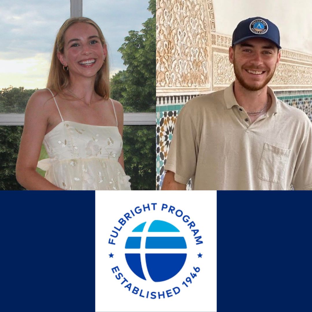 A smiling woman and man stand side by side in separate settings, with the Fulbright Program logo and the words "Established 1946" below them.