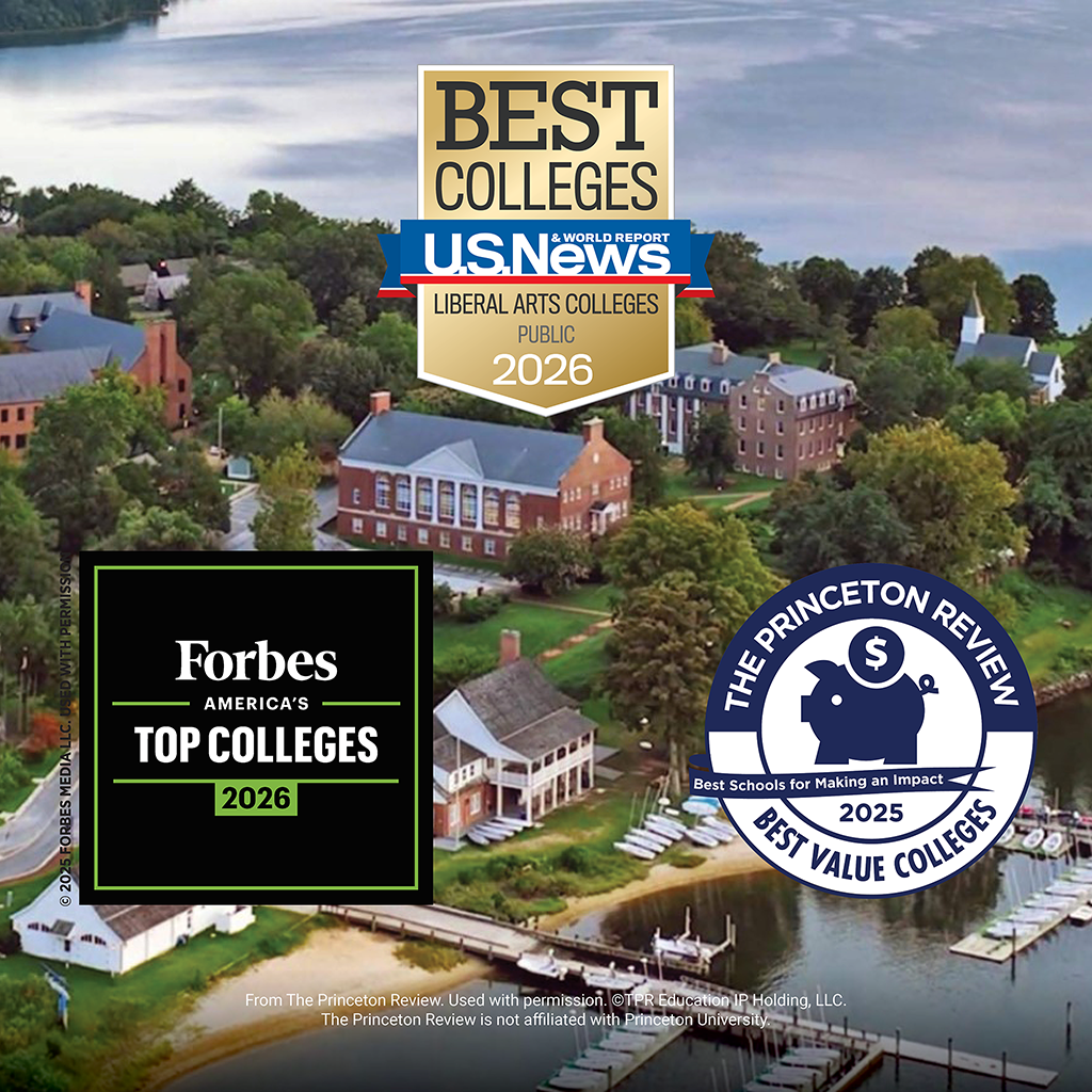 Aerial view of a college campus with award badges from U.S. News, Forbes, and The Princeton Review highlighting top college rankings for 2025 and 2026.