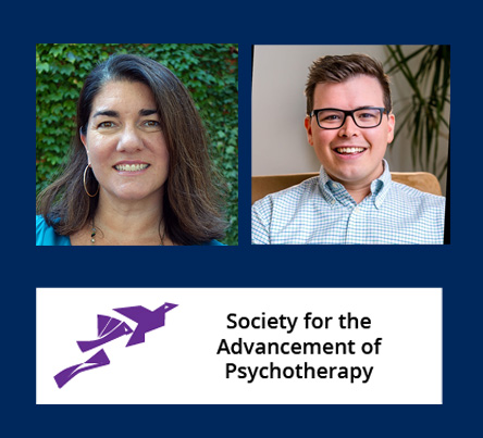 Two people are pictured in individual portrait photos above the Society for the Advancement of Psychotherapy logo with stylized purple birds.