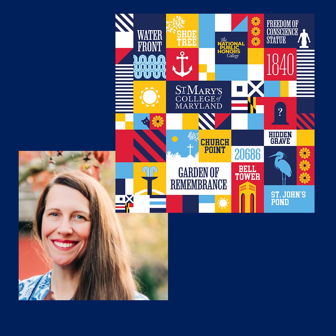 A woman with long brown hair smiles outdoors; next to her is a colorful graphic featuring icons and text related to St. Mary’s College of Maryland.