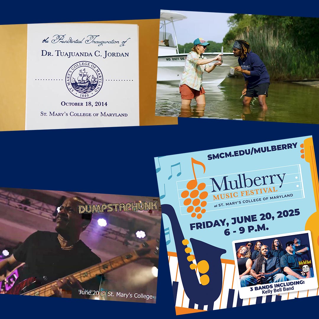 A collage featuring an invitation, two musicians by a boat, a bassist performing, and a flyer for the Mulberry Music Festival on June 20, 2025, at St. Mary’s College of Maryland.
