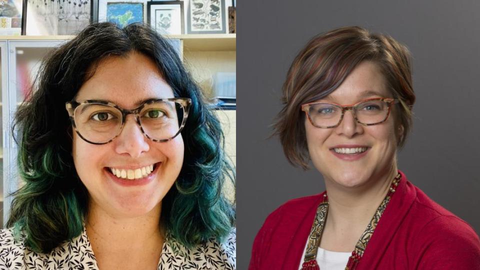 Two women with glasses smiling; the woman on the left has wavy dark hair with green tips, and the woman on the right has short brown hair and wears a red cardigan.