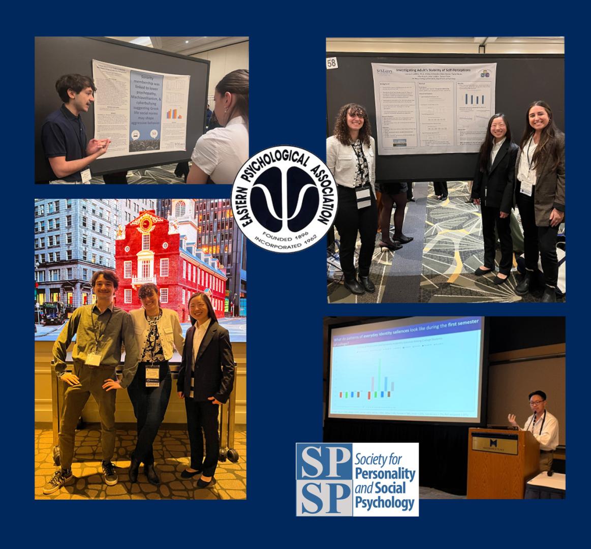 Four photos show individuals presenting research posters, posing at an event, and giving a talk, alongside logos for the Eastern Psychological Association and the Society for Personality and Social Psychology.