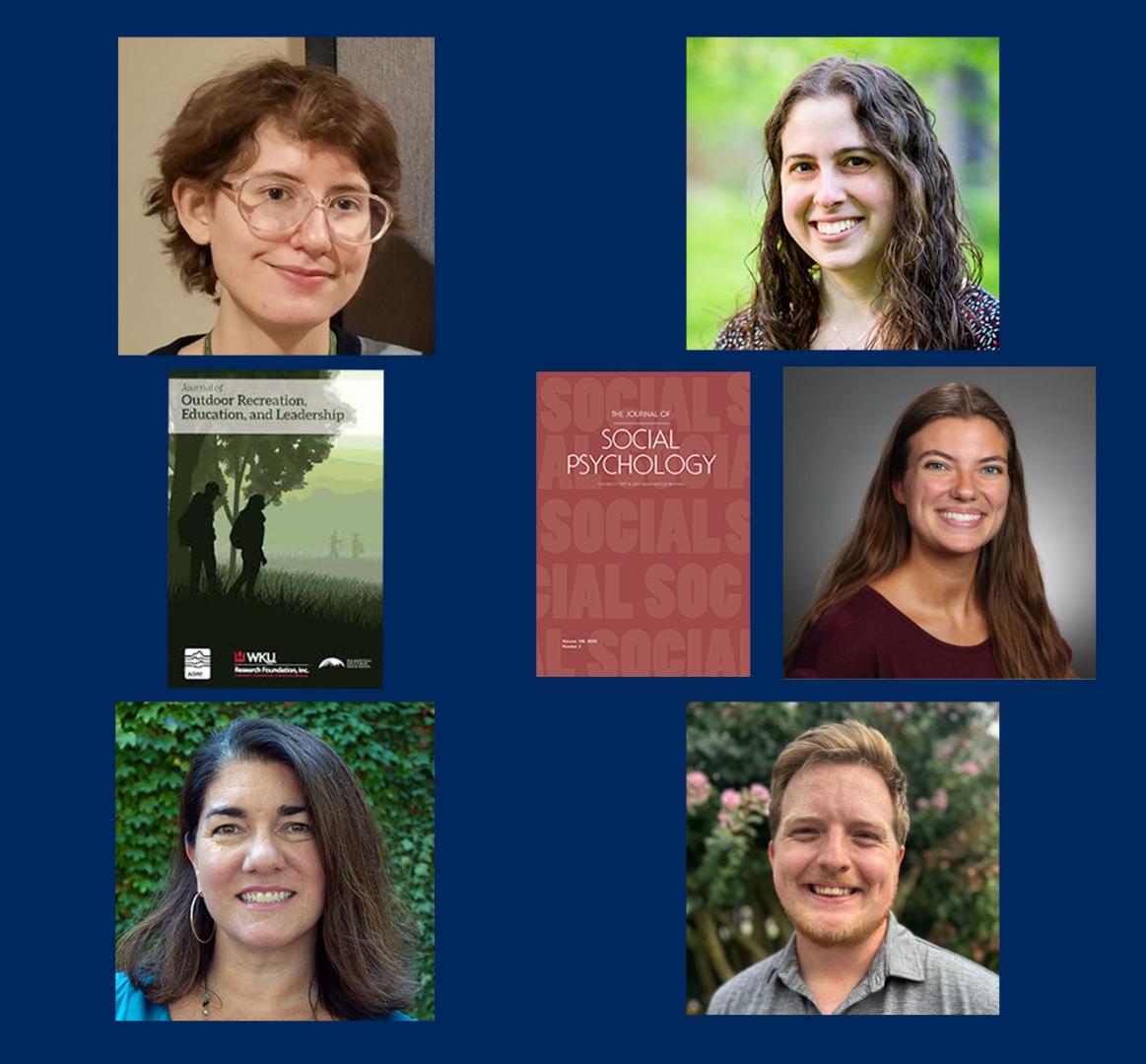 A collage of five people’s headshots arranged around two book covers, all on a blue background.
