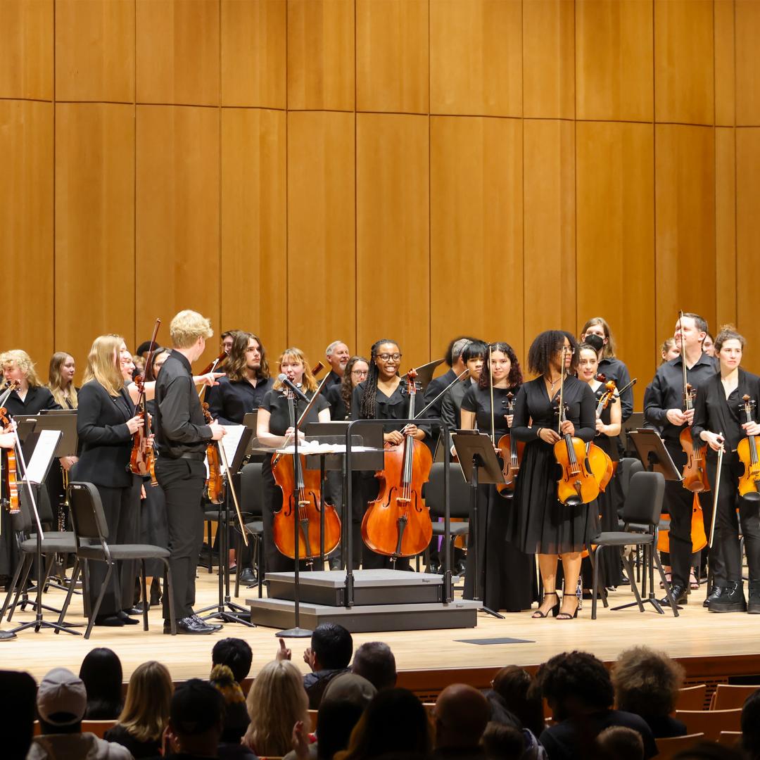 A symphony orchestra stands on stage with string instruments, preparing to perform in a concert hall as the audience watches.