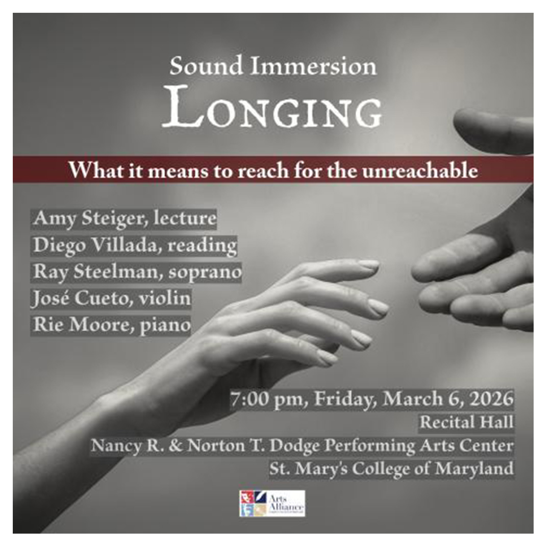 Event poster for "Sound Immersion: Longing" featuring lectures, readings, and musical performances, scheduled for March 6, 2026, at St. Mary's College of Maryland.