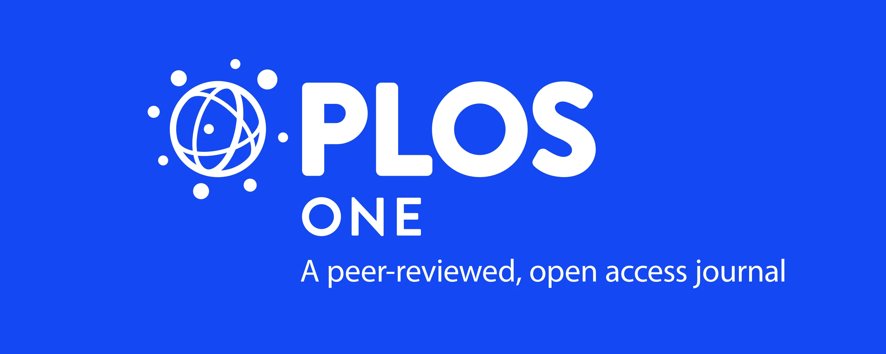 bright blue background with a geometric logo and PLOS ONE in white ink