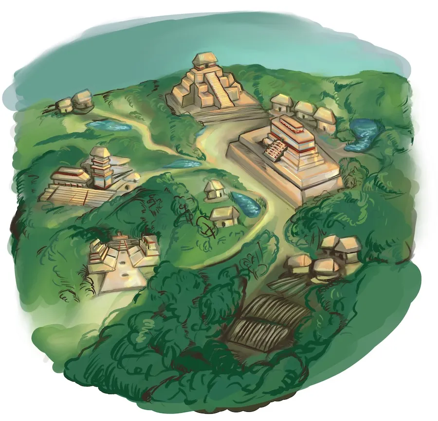 Illustration of an ancient city with pyramids and stone structures surrounded by lush greenery. Pathways connect different buildings, with smaller huts scattered around. A river and a small pond are visible, giving a detailed view of a thriving settlement.