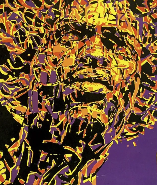 Abstract artwork depicting a face comprised of swirling patterns and vibrant colors such as yellow, orange, and purple against a dark background, creating a dynamic and expressive composition.