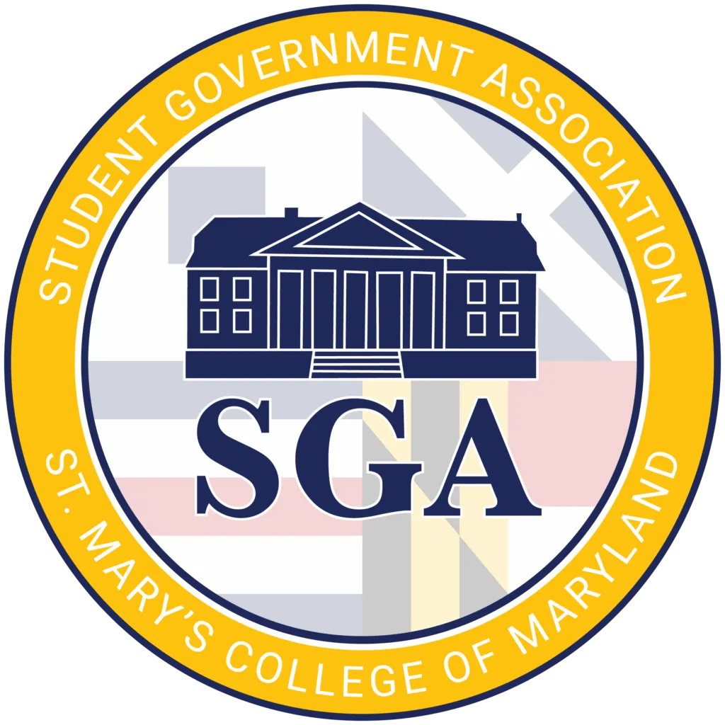 The Student Government Association logo for St. Mary’s College of Maryland, featuring a building and large "SGA" text in the center, with a Maryland flag background.