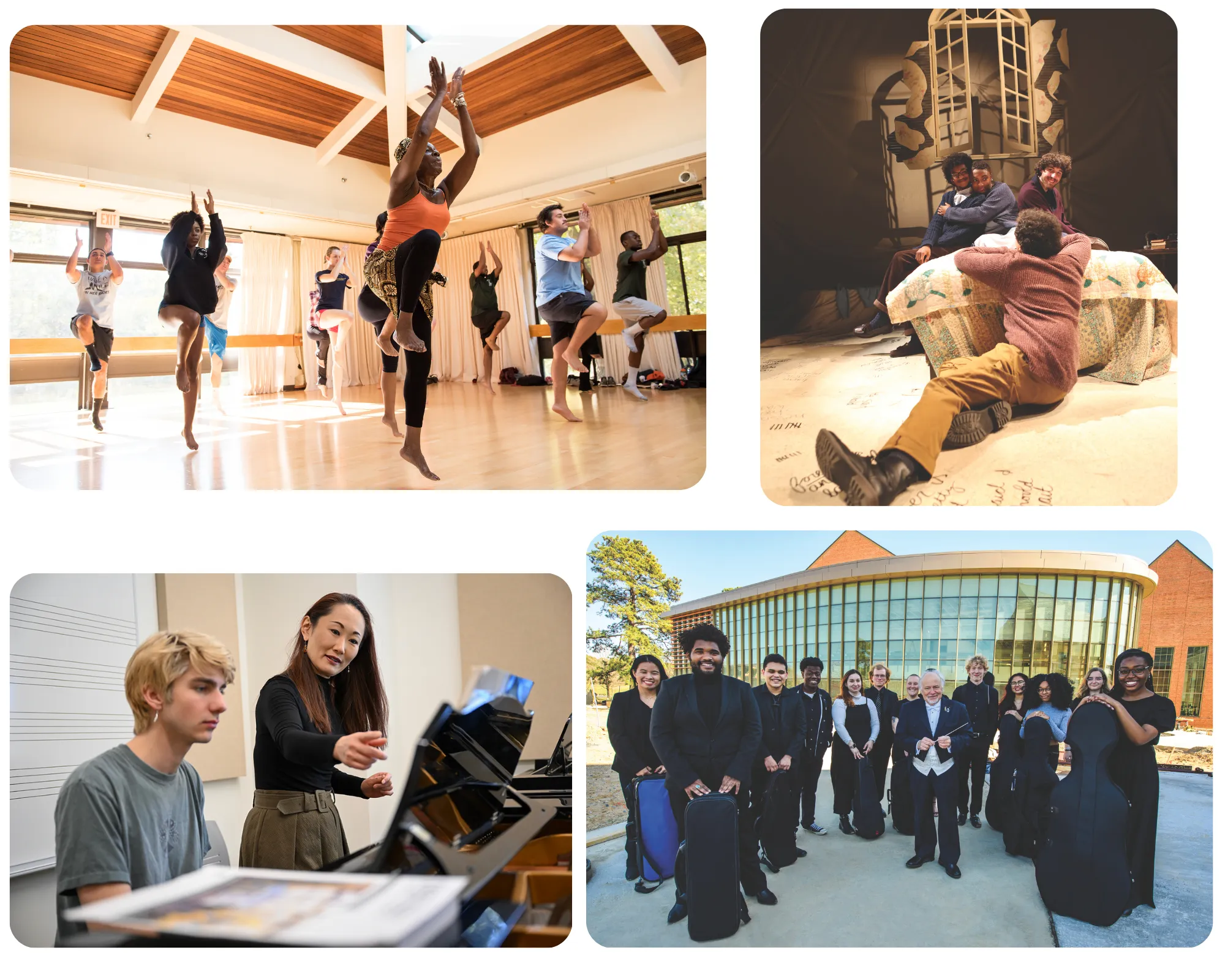 A collage shows people dancing in a studio, actors rehearsing on stage, a piano lesson, and a group of musicians standing outside a modern building.