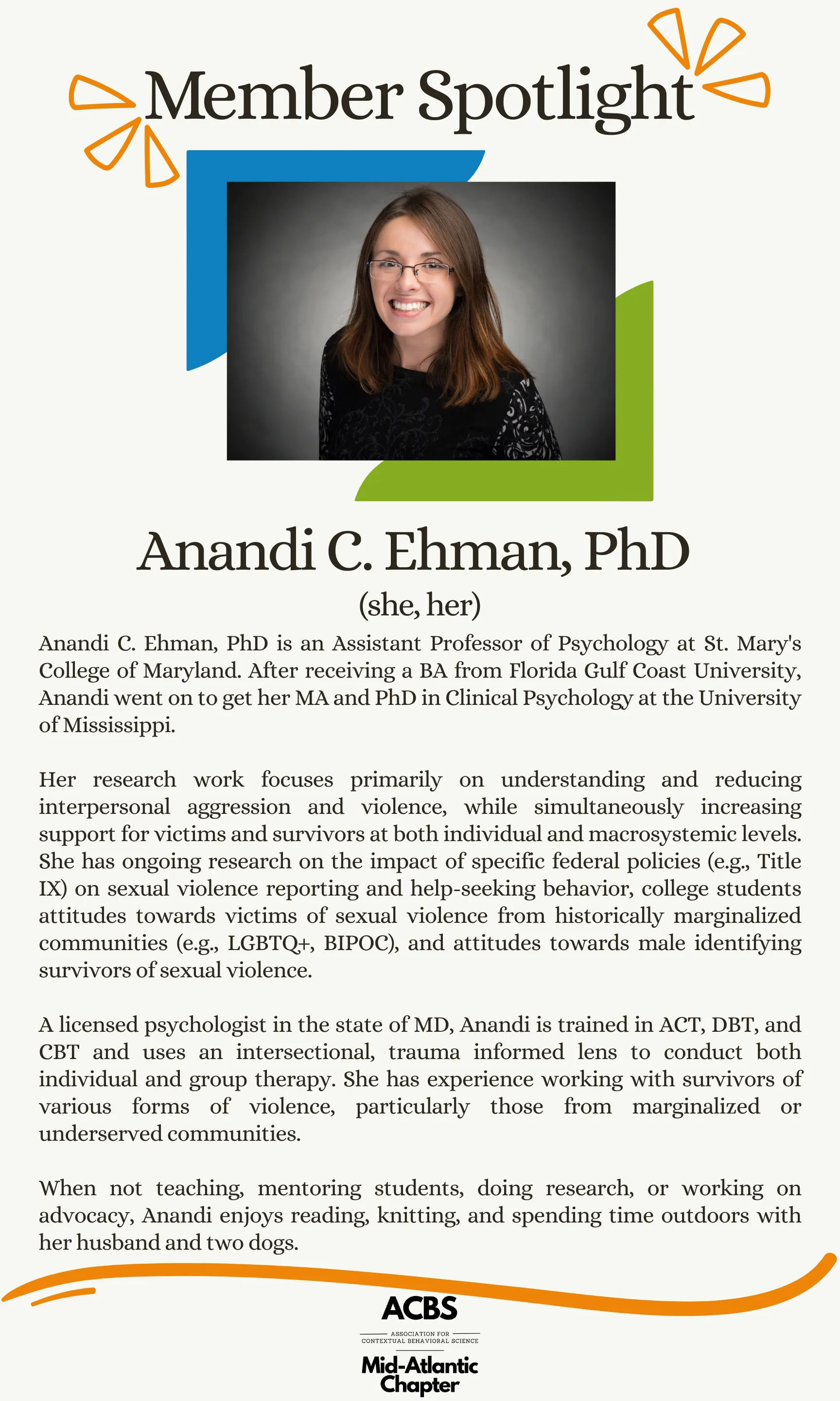 Member Spotlight blurb for Prof. Ehman by the Mid-Atlantic Chapter of the Association for Contextual Behavioral Science (MAC-ACBS)