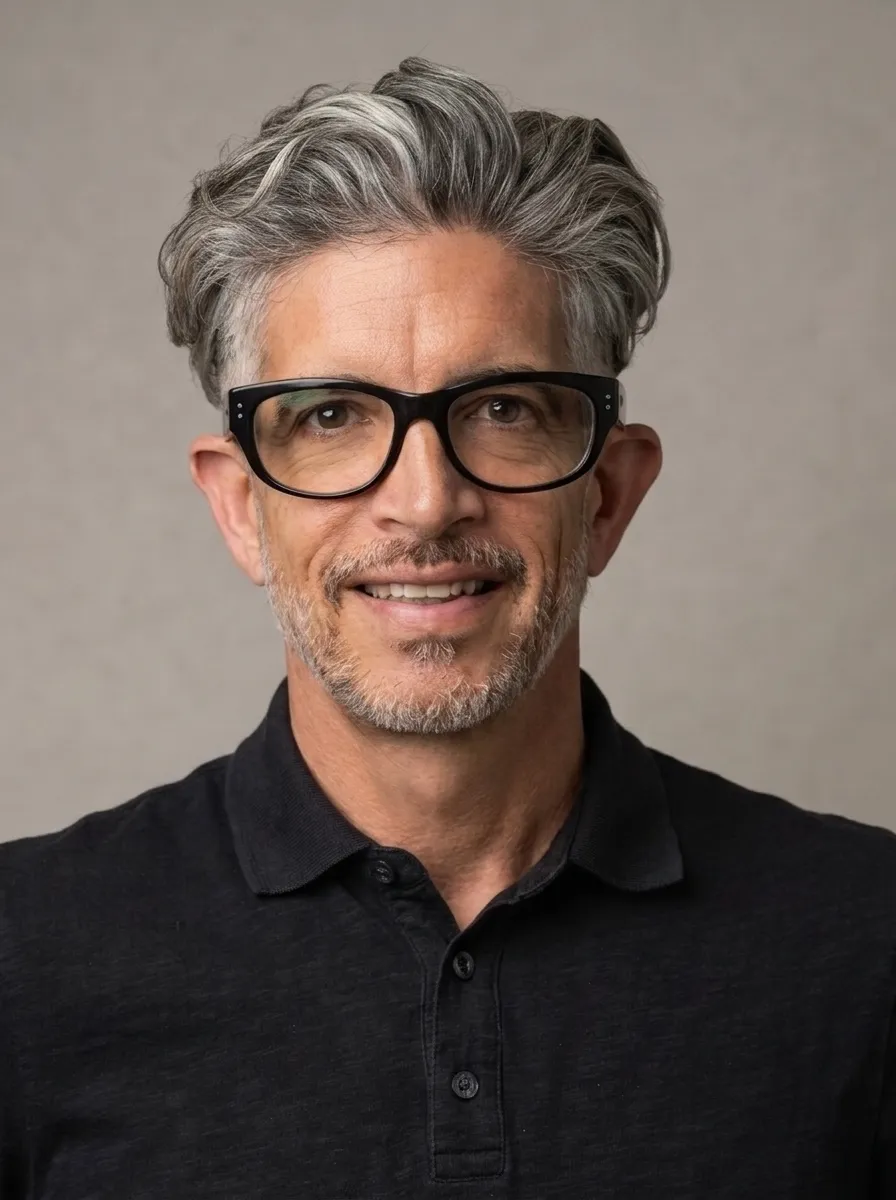 Headshot of a middle-aged man with graying hair, wearing black-rimmed glasses and a black polo shirt.