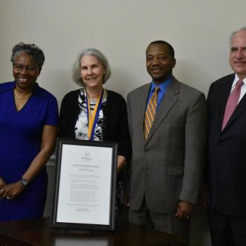 Pictured: (L-R) St. Mary’s College of Maryland President Tuajuanda C. Jordan, Professor of Anthropology Julia A. King, Charles County Board of Commissioners President Rueben B. Collins II, and Michael Sullivan, local developer and entrepreneur. 