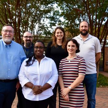 pictured: (L-R Back Row): Randolph K. Larsen, professor of chemistry; Geoffrey M. Bowers, assistant professor of chemistry; Jessica L. Malisch, assistant professor of physiology; and Laboratory Coordinator Doug Hovland. (L-R Front Row): Assistant Professor of Biochemistry Shanen Sherrer and Pamela S. Mertz, professor of chemistry and biochemistry. 