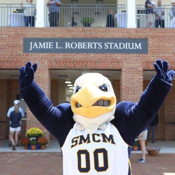 mascot Solomon the Seahawk pictured in front of the Jamie L. Roberts Stadium