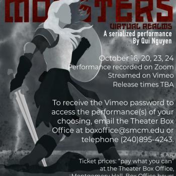 Poster for “She Kills Monsters: Virtual Realms” with zoom information and image of a woman warrior