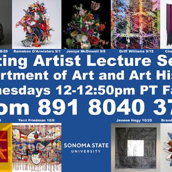 Grid of images of artworks surrounding text announcing Sonoma State University Visiting Artist Lecture Series.