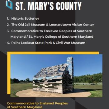 Brochure screenshot listing historic sites in St. Mary's County and photo of the Commemorative