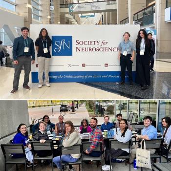 top: four students standing in front of a large sign reading "Society for Neuroscience". bottom: a group of 12 students, faculty, and alumni seated at a long table, smiling at the camera