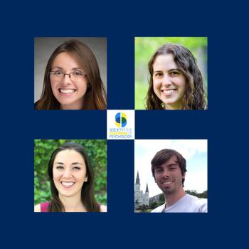 Four portrait photos arranged in a square: three women and one man, all smiling. They are against various backgrounds: grey, green foliage, and a building with spires. A logo reading "Society for the Teaching of Psychology" is in the center.
