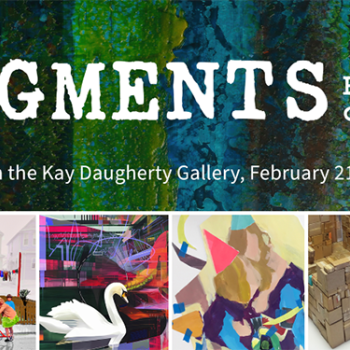 Poster for "Fragments: Reflections on Memory" exhibit at Kay Daugherty Gallery, February 21st - April 27th. Features various artwork images, including sculptures, paintings, and a building model. Background has a textured blue-green pattern.