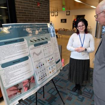 Di stands beside a research poster, explaining the content to an older individual. The poster covers the impact of testosterone in male anoles, detailing methods and findings. They are in an indoor setting with a modern design.