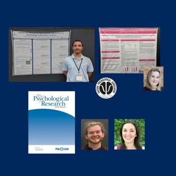 A collage featuring a person standing by a large academic poster, logos, journal cover, and headshots of three individuals against a blue background. The poster is about psychology laboratory courses, and there's a seal of a psychological organization.